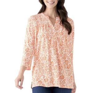 KIM ROGERS Orange Floral Smocked Shirt Blouse Size XL Cotton Blend New